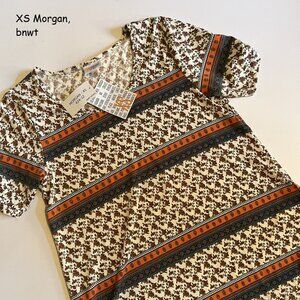 XS Lularoe Morgan flare T, white with orange flowers & orange blue stripes